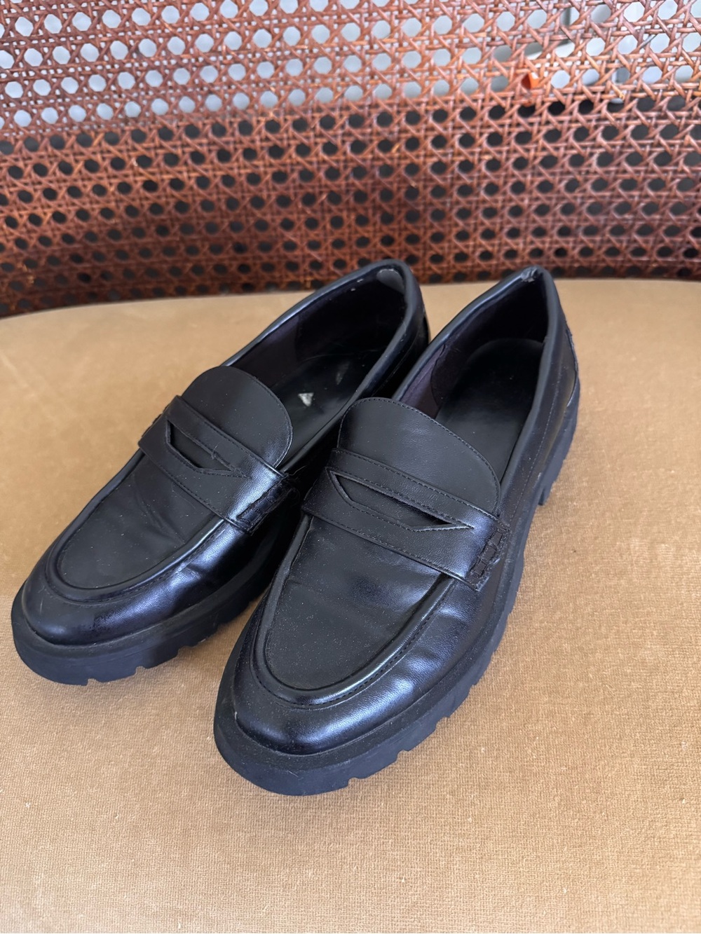 Classic Black Leather Penny Loafers with Lug Sole